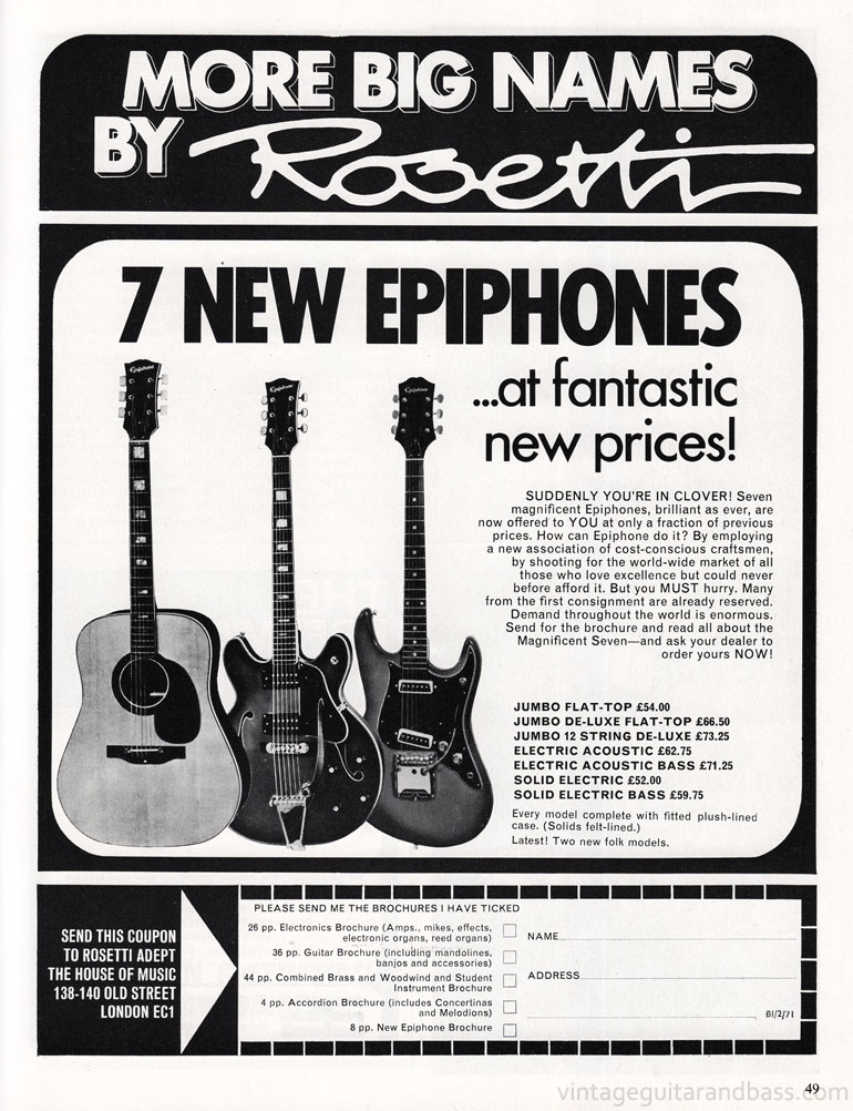 Epiphone advertisement (1971) 7 New Epiphones At Fantastic New Prices