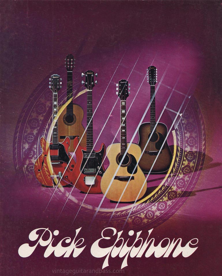 1971 Pick Epiphone brochure - front cover showing the 5102T, 6512, 1820, 6832 and 6735 guitars