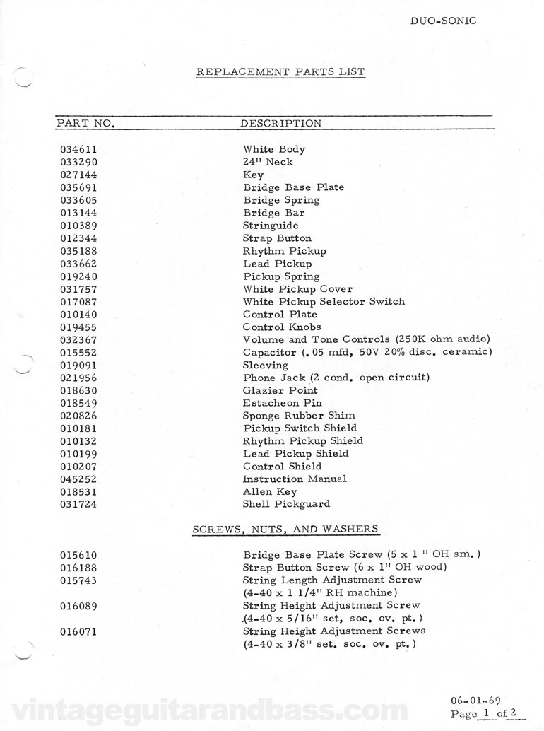 Replacement part list for the Fender Duo-Sonic electric guitar - 1969, page 1