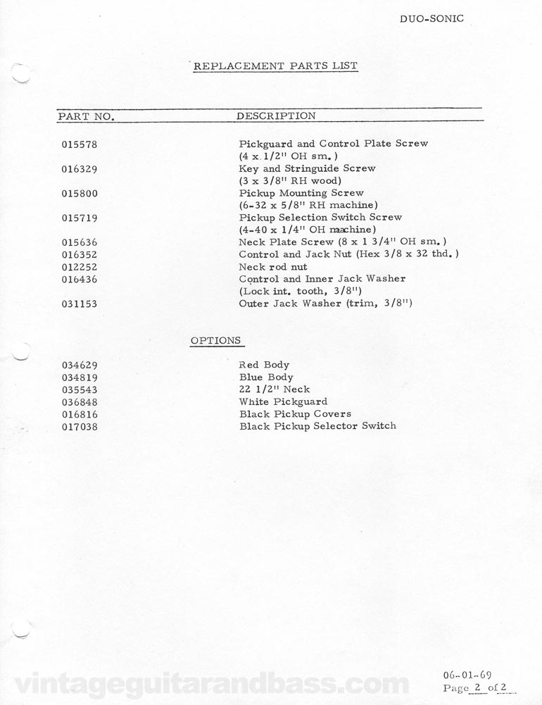 Replacement part list for the Fender Duo-Sonic electric guitar - 1969, page 2