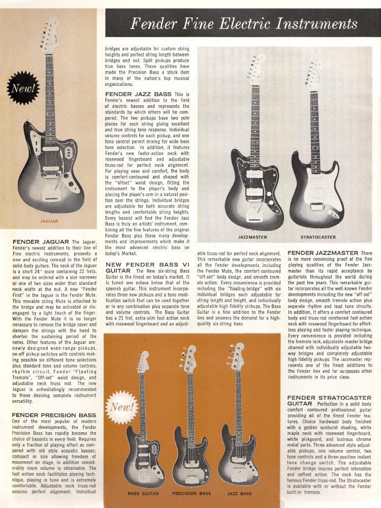 1963 1964 Fender guitar catalog page 2 - Jaguar, Jazzmaster, Stratocaster, Precision bass, Jazz bass, Bass VI
