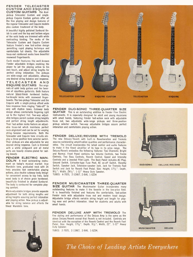 1963 1964 Fender guitar catalog page 3 - Fender Telecaster, Esquire, Musicmaster, Duosonic, Deluxe, Deluxe Reverb