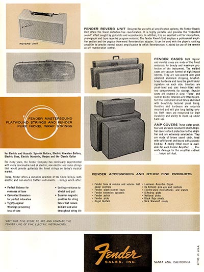 1963 1964 Fender guitar catalog page 8 - Fender cases, amp covers, strings and reverb unit