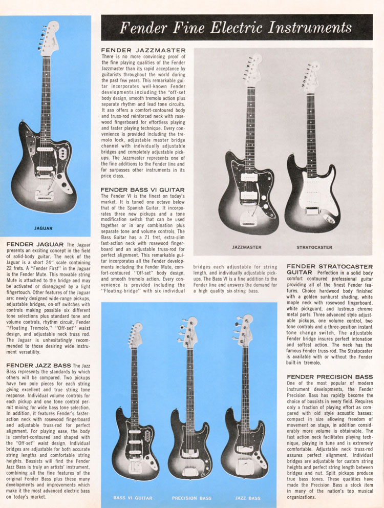 1964 1965 Fender guitar catalog page 2 - Jaguar, Jazzmaster, Stratocaster, Precision bass, Jazz bass, Bass VI