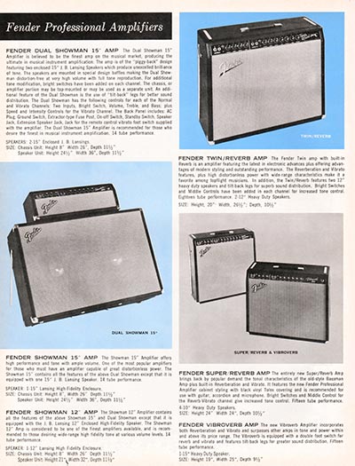 1964 1965 Fender guitar catalog page 4 - Fender Showman, Dual Showman, Twin Reverb, Super Reverb and Vibroverb amplifiers
