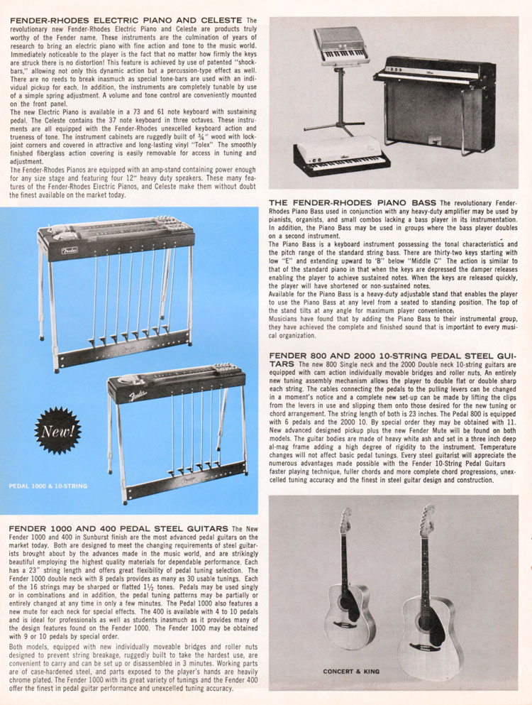1964 1965 Fender guitar catalog page 6 - Fender Rhodes, Fender 400, 800, 1000 and 2000 pedal steel guitars and Concert and King acoustic guitars
