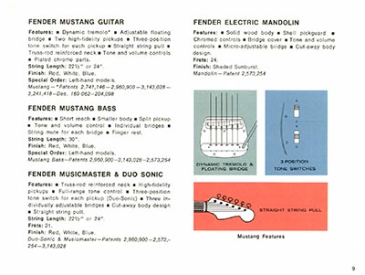 1968 Fender guitar and bass catalog page 11 - Fender Mustang, Mustang Bass, Duo Sonic II, Mandolin, Musicmaster