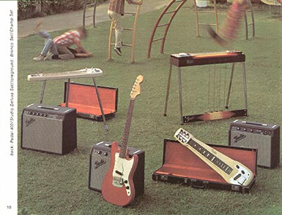 1968 Fender guitar and bass catalog page 12 - Fender Pedal 400, Studio Deluxe set, Bronco set, Champ set