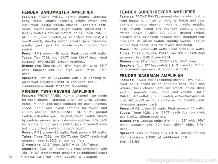 Fender Bandmaster, Super Reverb, Twin Reverb and Bassman amplifiers - 1968 Fender catalog - page 32