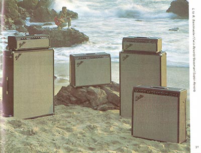 1968 Fender guitar and bass catalog page 33 - Fender Bandmaster, Super Reverb, Twin Reverb and Bassman amplifiers