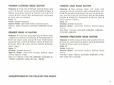 1968 Fender guitar and bass catalog page 9 - Fender Bass V, Bass VI, Jazz Bass and Precision Bass