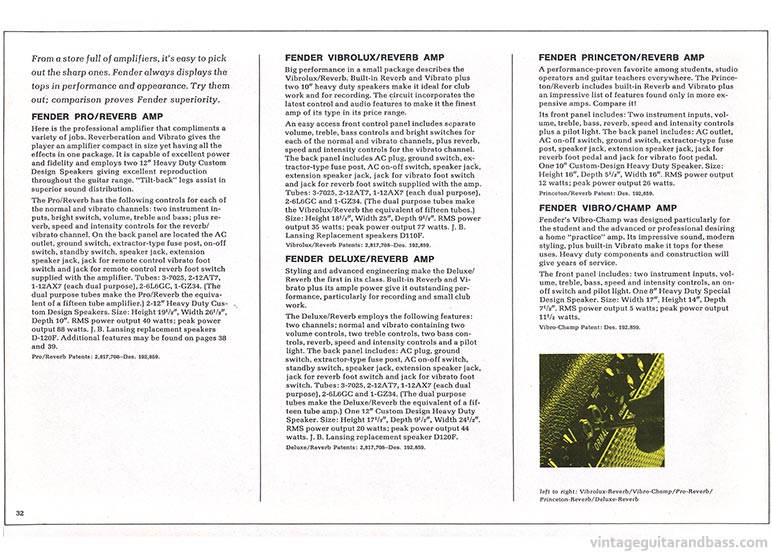 1969 Fender catalog, page 32 - Fender Pro/Reverb, Vibrolux/Reverb, Deluxe/Reverb, Princeton/Princeton Reverb, Champ and Vibro Champ