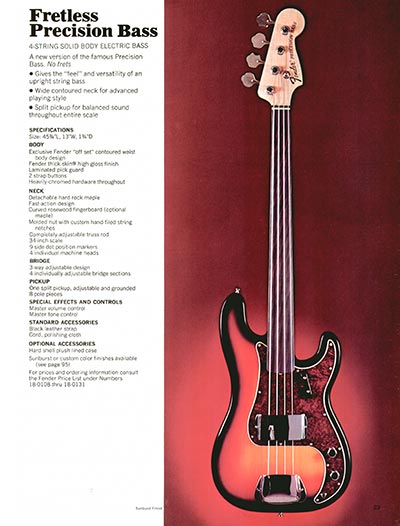 1970 Fender guitar, bass and amp catalog page 23 - Fender Fretless Precision bass