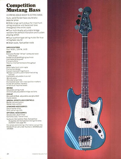 1970 Fender guitar, bass and amp catalog page 24 - Fender Mustang bass
