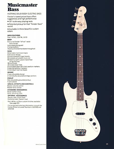 1970 Fender guitar, bass and amp catalog page 25 - Fender Musicmaster bass