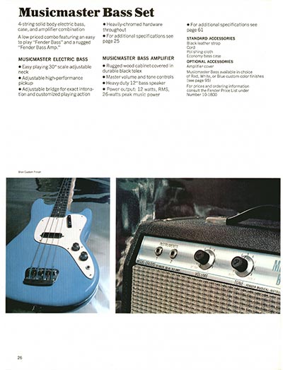 1970 Fender guitar, bass and amp catalog page 26 - Fender Musicmaster bass set