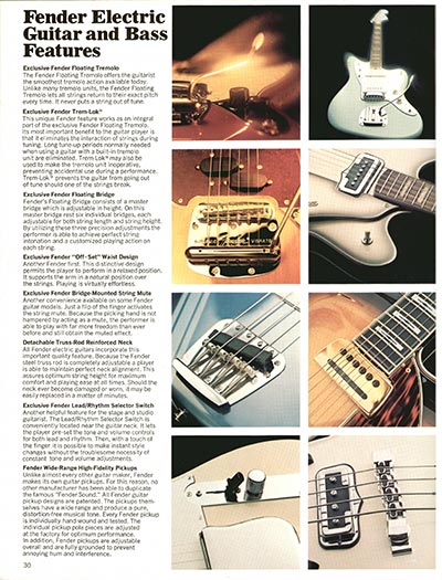 1970 Fender guitar, bass and amp catalog page 30 - Electric Guitar and bass features