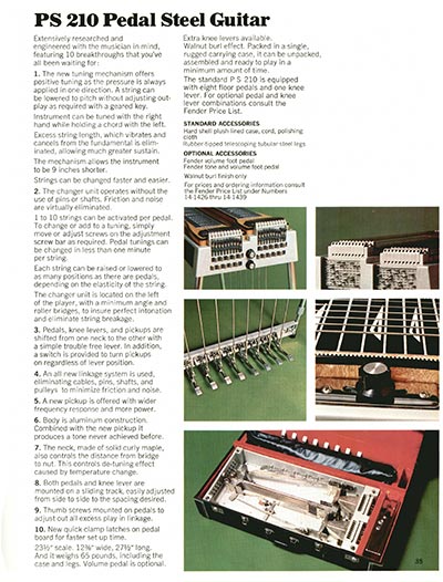 1970 Fender guitar, bass and amp catalog page 35 - Fender PS210 steel guitar