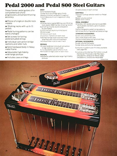 1970 Fender guitar, bass and amp catalog page 36 - Fender Pedal 2000 and Pedal 800 steel guitars