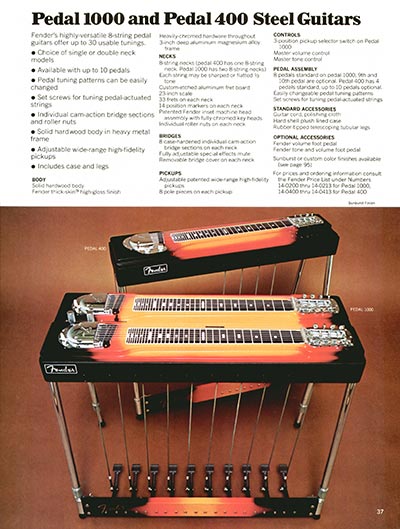 1970 Fender guitar, bass and amp catalog page 37 - Fender Pedal 1000 and Pedal 400 steel guitars