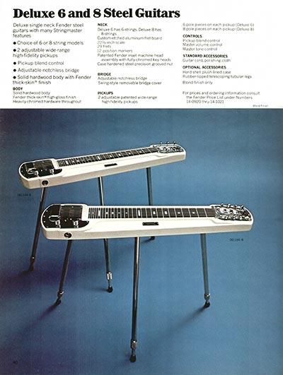 1970 Fender guitar, bass and amp catalog page 40 - Deluxe 6 and Deluxe 8 steel guitars