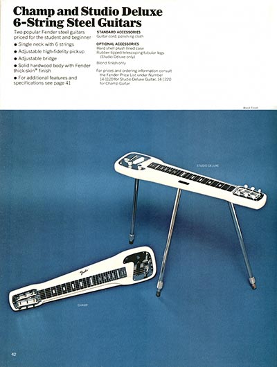 1970 Fender guitar, bass and amp catalog page 42 - Fender Champ and Studio Deluxe steel guitars