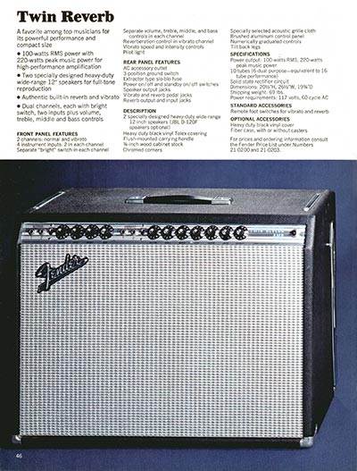 1970 Fender guitar, bass and amp catalog page 46 - Fender Twin Reverb