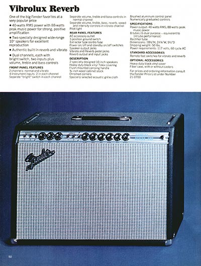 1970 Fender guitar, bass and amp catalog page 50 - Fender Vibrolux Reverb