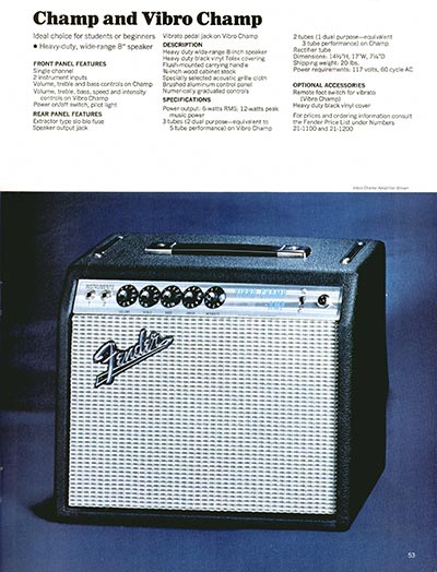 1970 Fender guitar, bass and amp catalog page 53 - Fender Champ and Vibro Champ