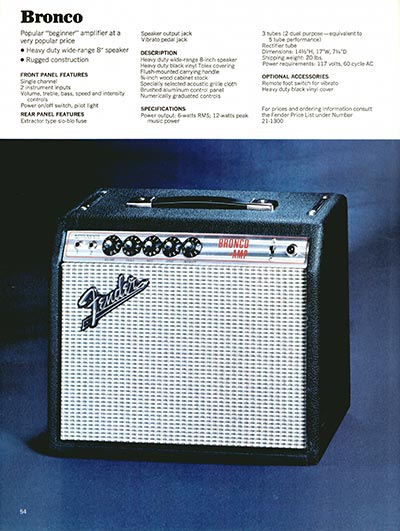 1970 Fender guitar, bass and amp catalog page 54 - Fender Bronco Amplifier