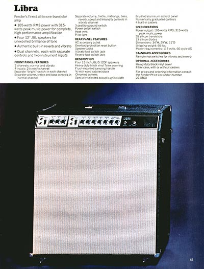 1970 Fender guitar, bass and amp catalog page 63 - Fender Libra amplifier
