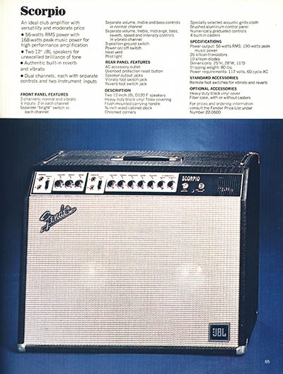 1970 Fender guitar, bass and amp catalog page 65 - Fender Scorpio amplifier
