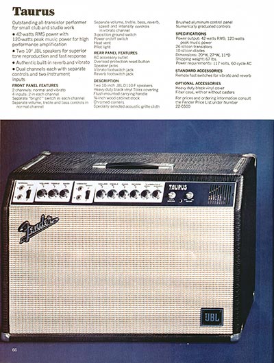 1970 Fender guitar, bass and amp catalog page 66 - Fender Taurus amplifier
