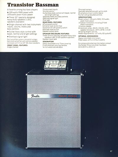 1970 Fender guitar, bass and amp catalog page 67 - Fender Transistor Bassman amplifier