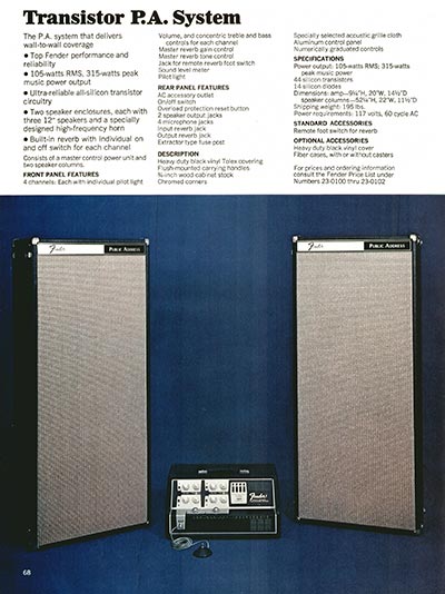 1970 Fender guitar, bass and amp catalog page 68 - Fender Transistor P.A.