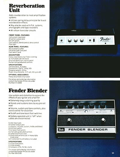 1970 Fender guitar, bass and amp catalog page 69 - Fender Reverb Unit and Fender Blender
