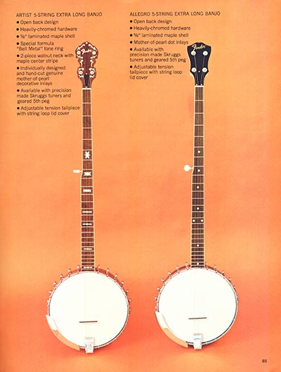 1970 Fender guitar, bass and amp catalog page 85 - Fender 5-String Extra Long banjos