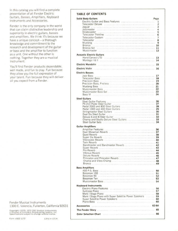 1972 Fender guitar and bass catalog page 2, table of contents
