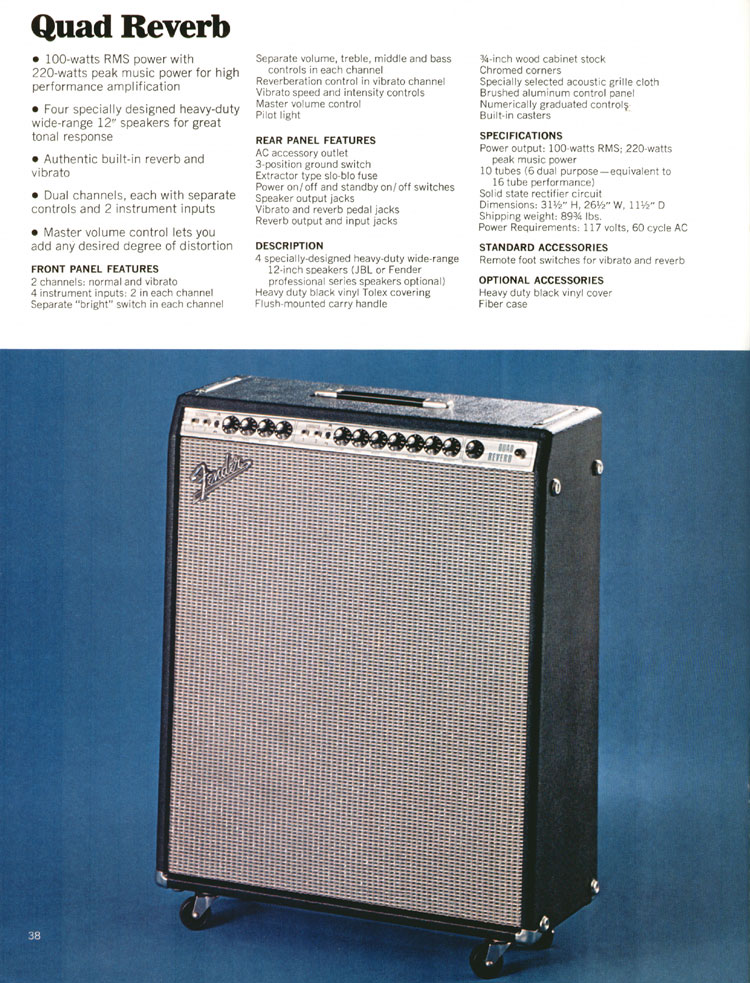 1972 Fender guitar and bass catalog page 40: Fender Quad Reverb amplifier