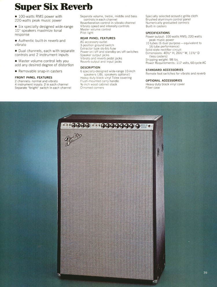 1972 Fender guitar and bass catalog page 41: Fender Super Six Reverb amplifier