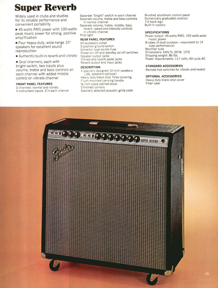 1972 Fender guitar and bass catalog page 45: Fender Super Reverb amplifier