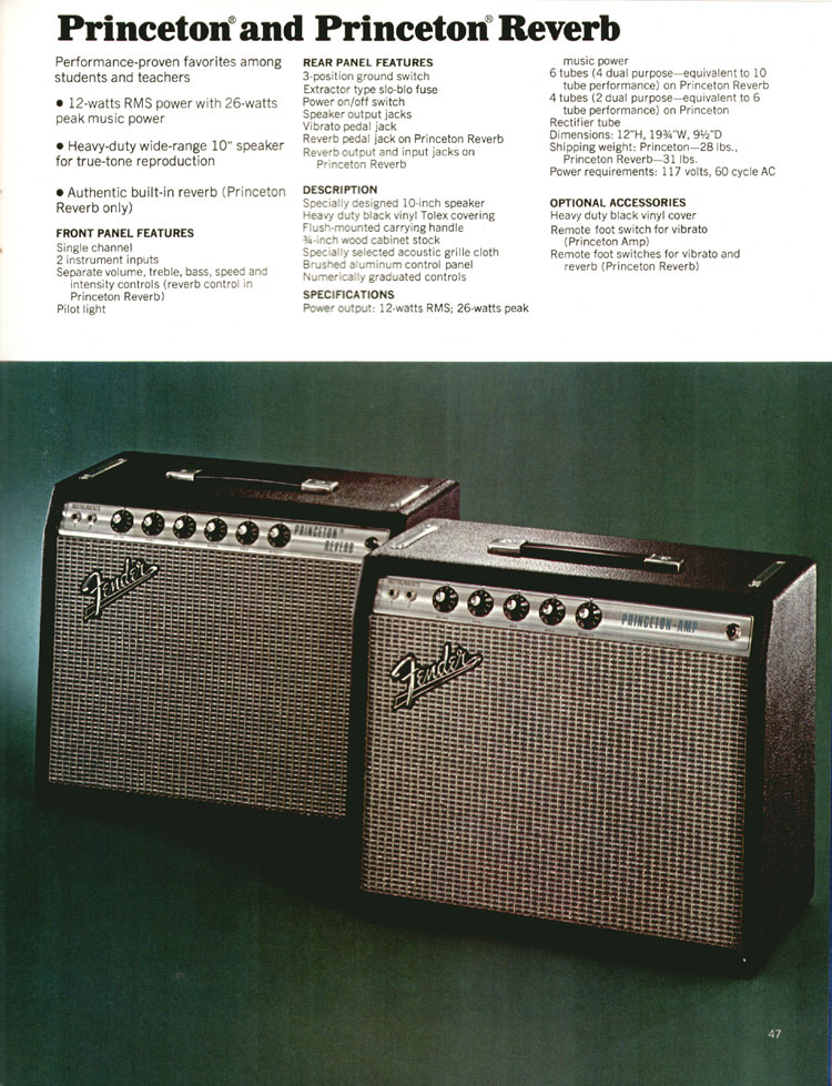 1972 Fender guitar and bass catalog page 49: Fender Princeton and Princeton Reverb amplifier