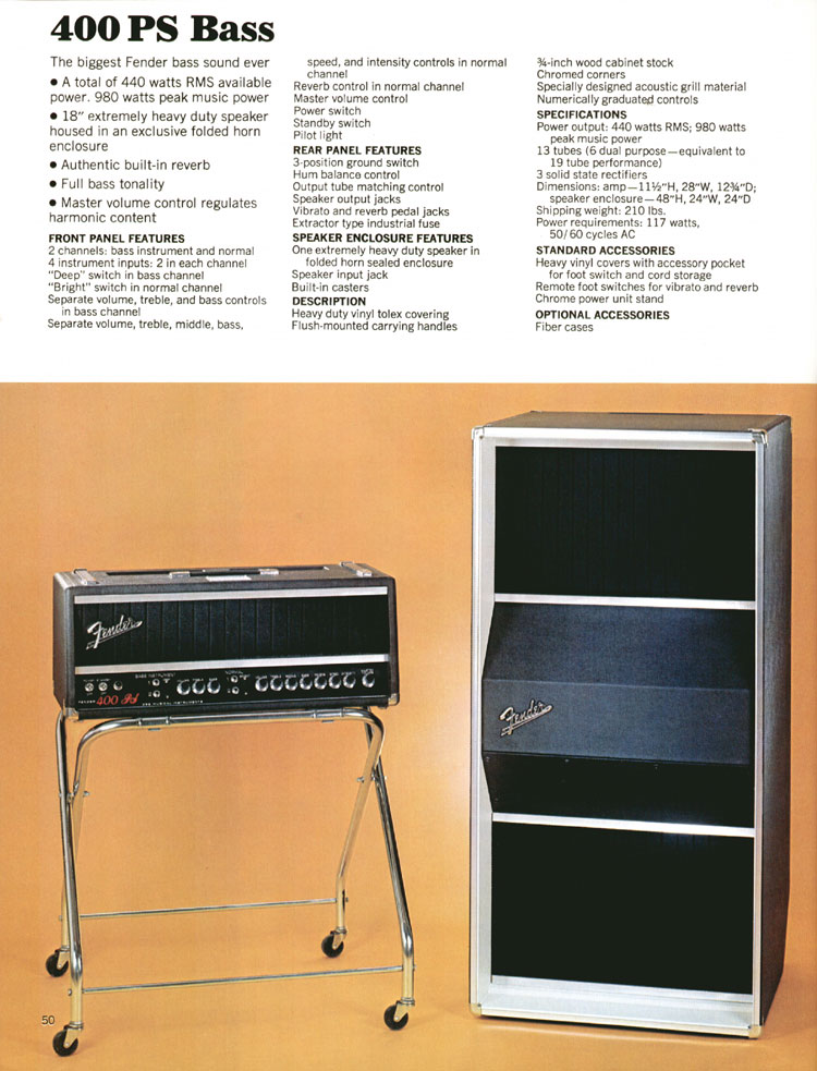 1972 Fender guitar and bass catalog page 52: Fender 400PS bass guitar amplifier