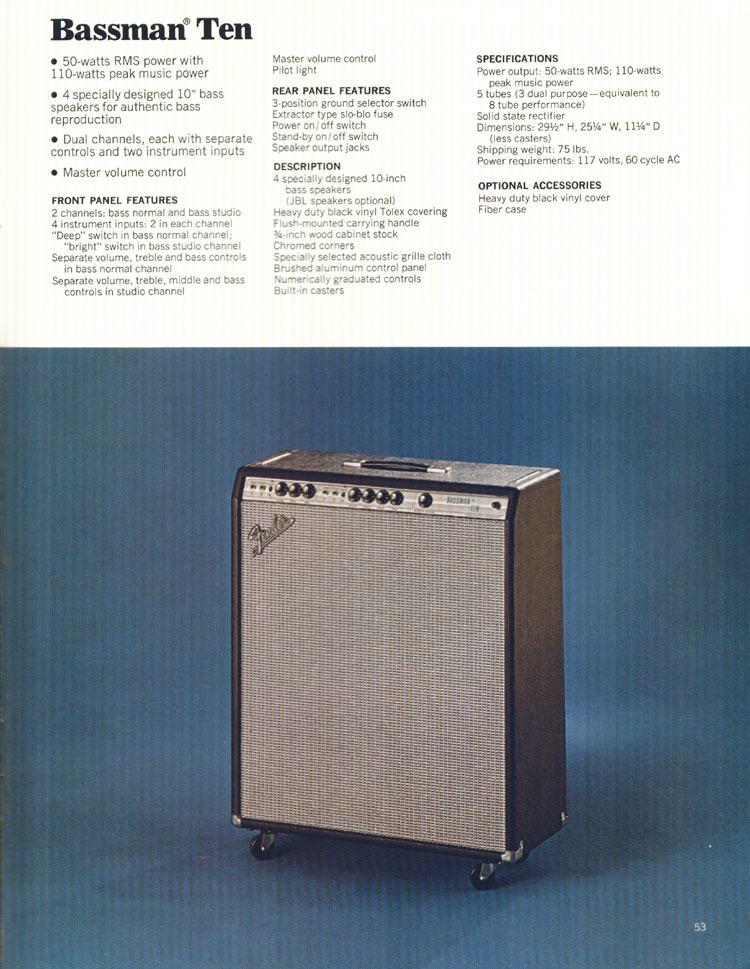 1972 Fender guitar and bass catalog page 55: Fender Bassman Ten bass guitar amplifier