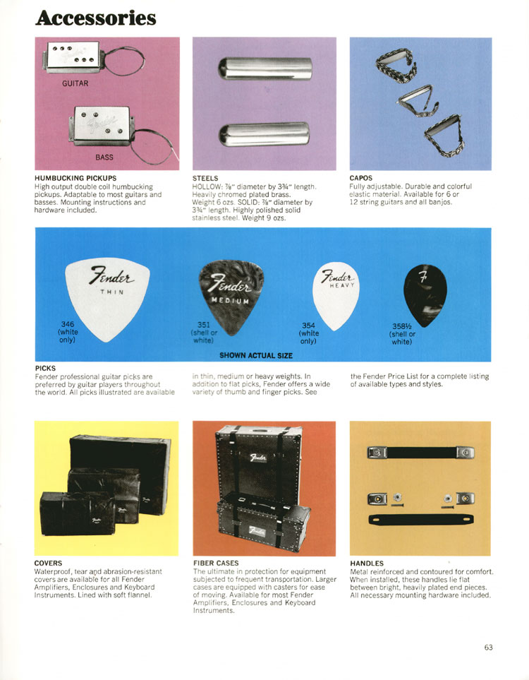 1972 Fender guitar and bass catalog page 65: Fender accessories