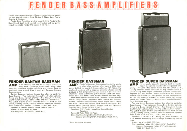 1969 Fender bass catalog - page 2: Bantam Bassman, Bassman, and Super Bassman amps