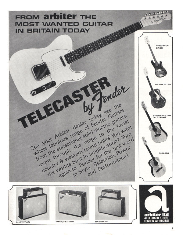 Fender advertisement (1966) From Arbiter the Most Wanted Guitar in Britain Today Telecaster by Fender