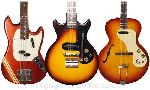 1969 Fender Mustang bass, 1964 Gibson Melody Maker, 1966 Epiphone Granada
