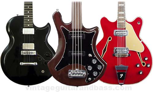 1976 Gibson L6-S, 1978 Guild B302F bass, and 1967 Fender Coronado