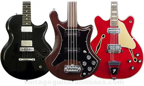 1976 Gibson L6-S, 1978 Guild B302F bass, and 1967 Fender Coronado